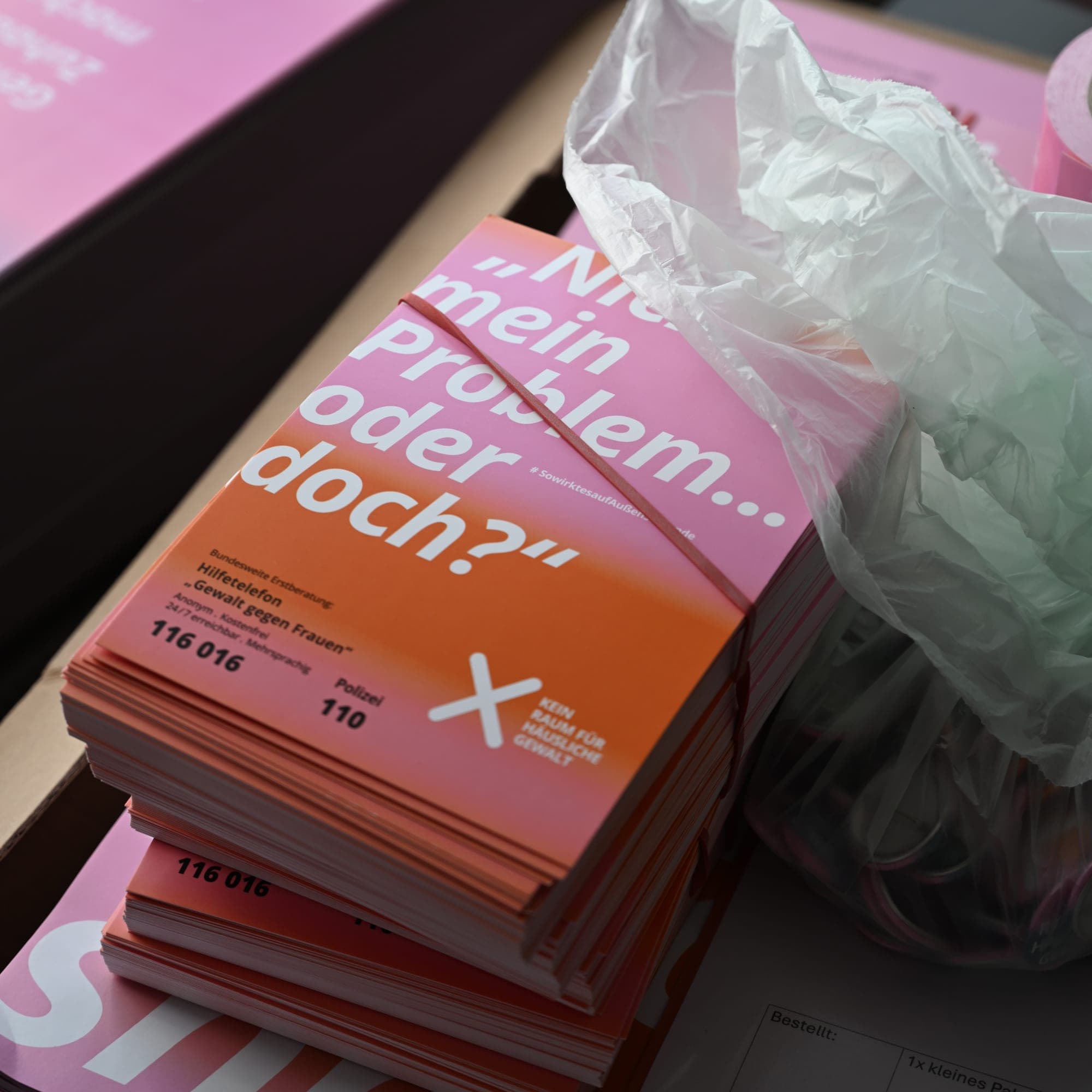 Gedruckte Kampagnenmaterialien mit dem Motiv „Kein Raum für häusliche Gewalt“